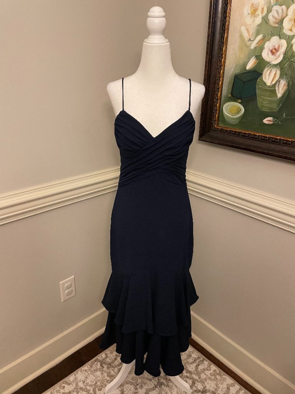 Monique Lhuillier Navy Spaghetti Strap Gathered Top Ruffled Bottom Midi Dress 2